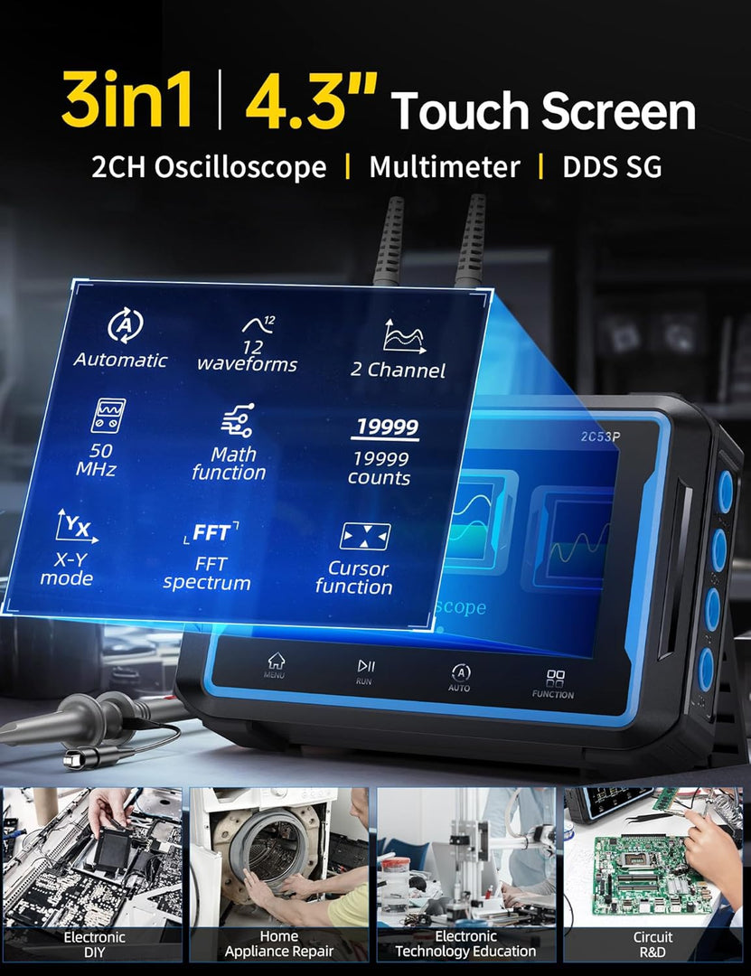 LABART 2C53P Handheld Tablet Oscilloscope Multimeter DDS Signal Generator 3 in 1 2CH Oscilloscope Multimeters with 50Mhz Bandwidth