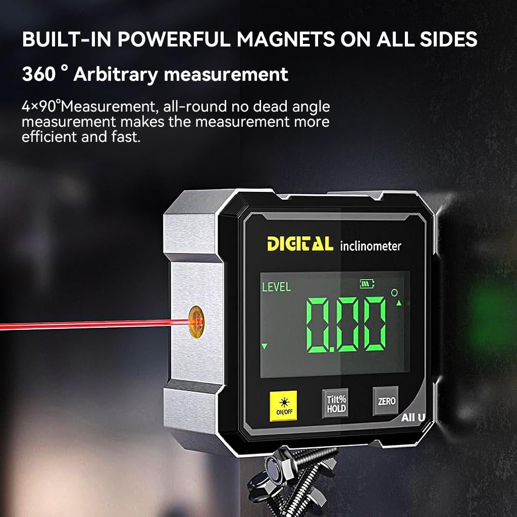 LABART LCD Digital Inclinometer with Laser, 4-Side Strong Magnetic Angle Gauge
