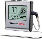 TP16 Digital Cooking Thermometer with large LCD, Stainless Steel Probe, Timer and Clock