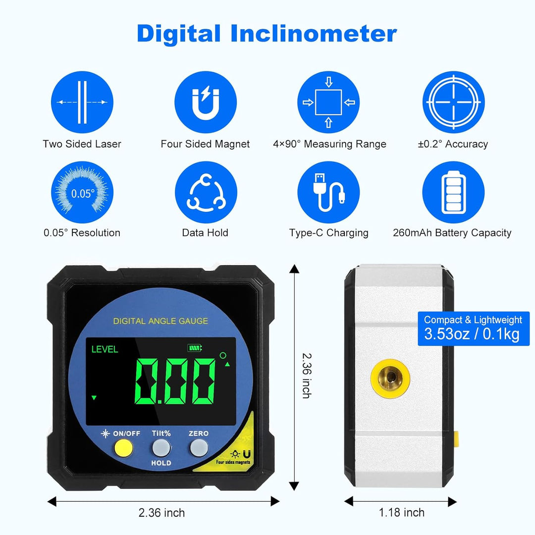 LABART Digital Inclinometer with Electronic Laser-4-side Strong Magnetic Type-C Rechargeable Angle Gauge