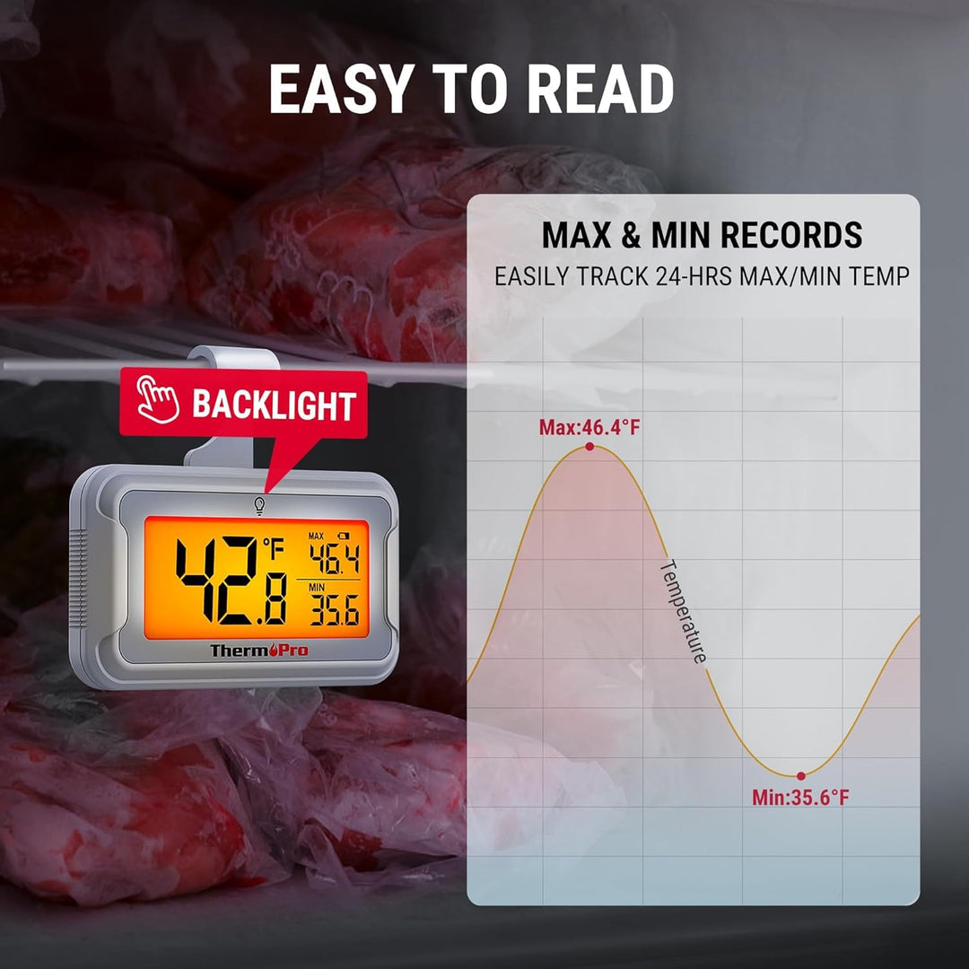 LABART Waterproof Refrigerator Thermometer with Large Backlit LCD and Max/Min Records TP110