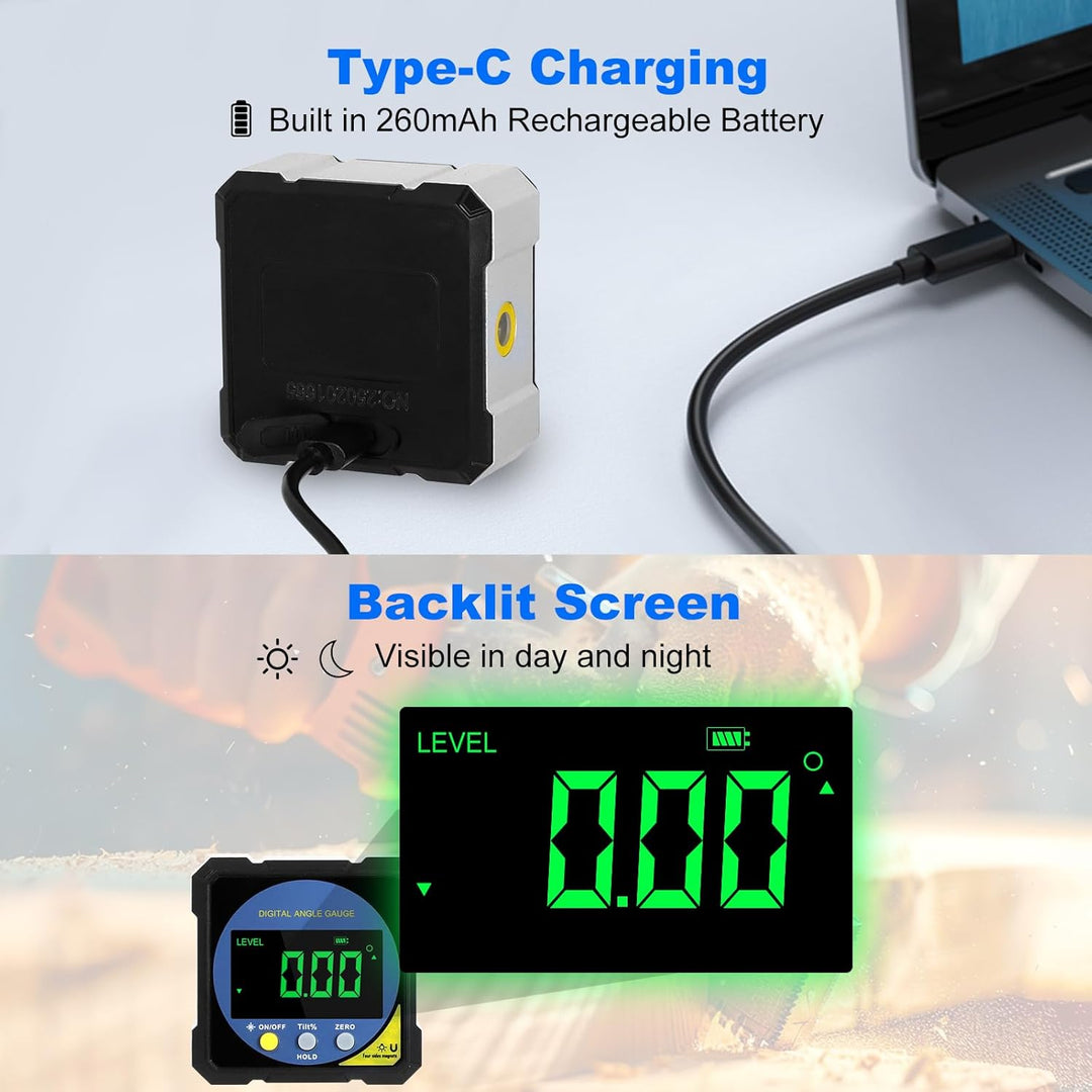 LABART Digital Inclinometer with Electronic Laser-4-side Strong Magnetic Type-C Rechargeable Angle Gauge