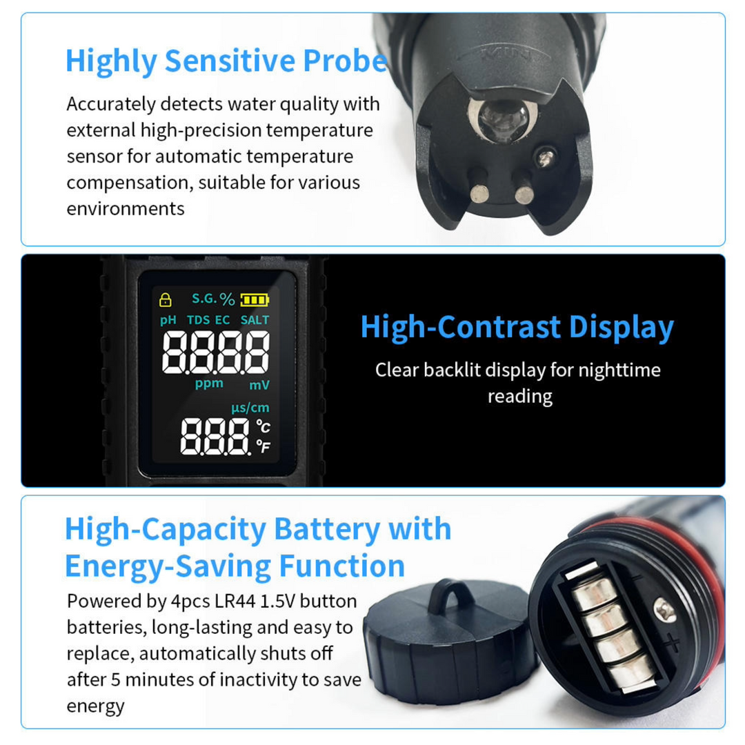 LABART 7-in-1 Digital Multifunctional Water Tester with TDS/EC/pH/ORP/S.G./Salinity/Temp.