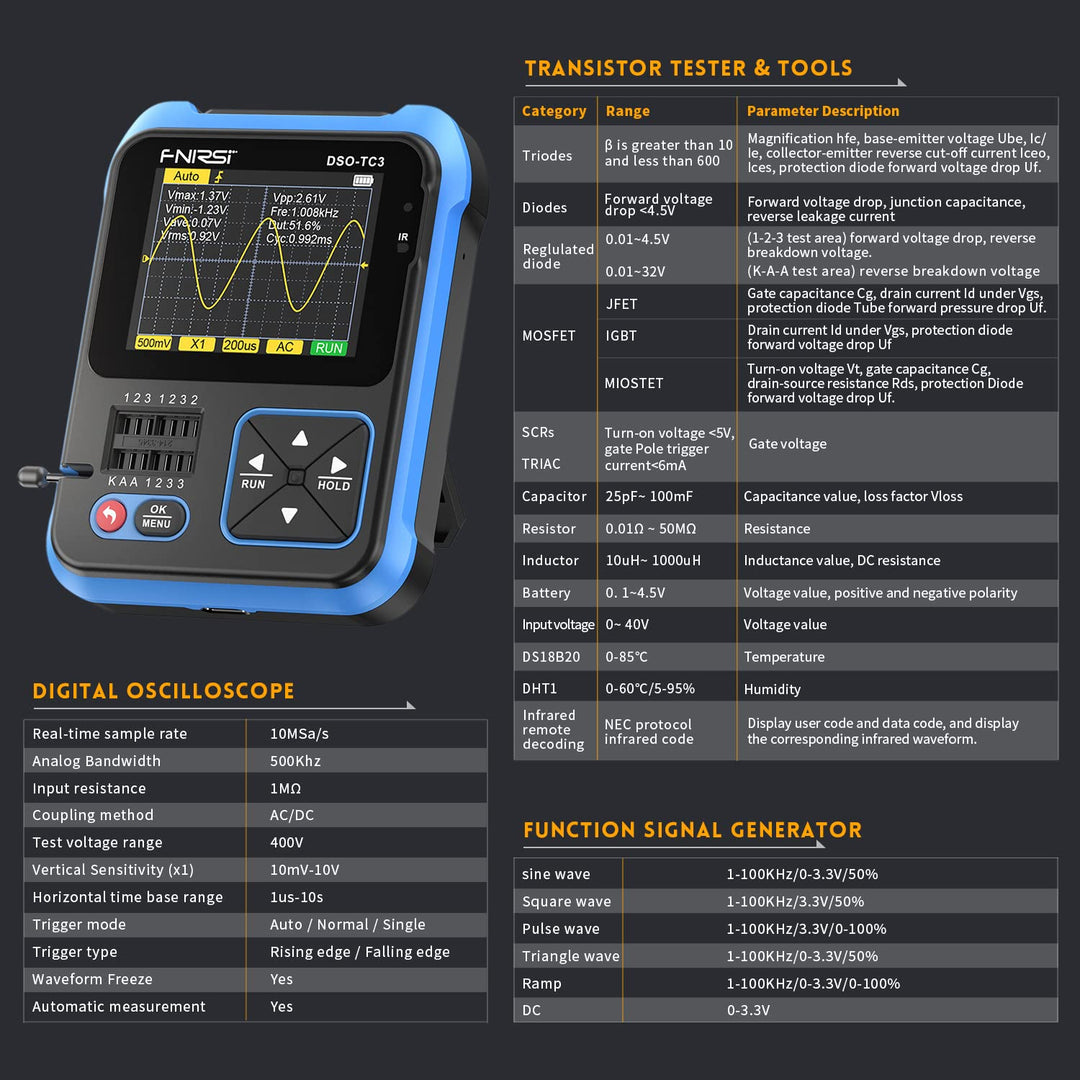 LABART DSO-TC3 Oscilloscope - 3-in-1 Handheld Oscilloscope & DDS Signal Generator & Transistor Tester