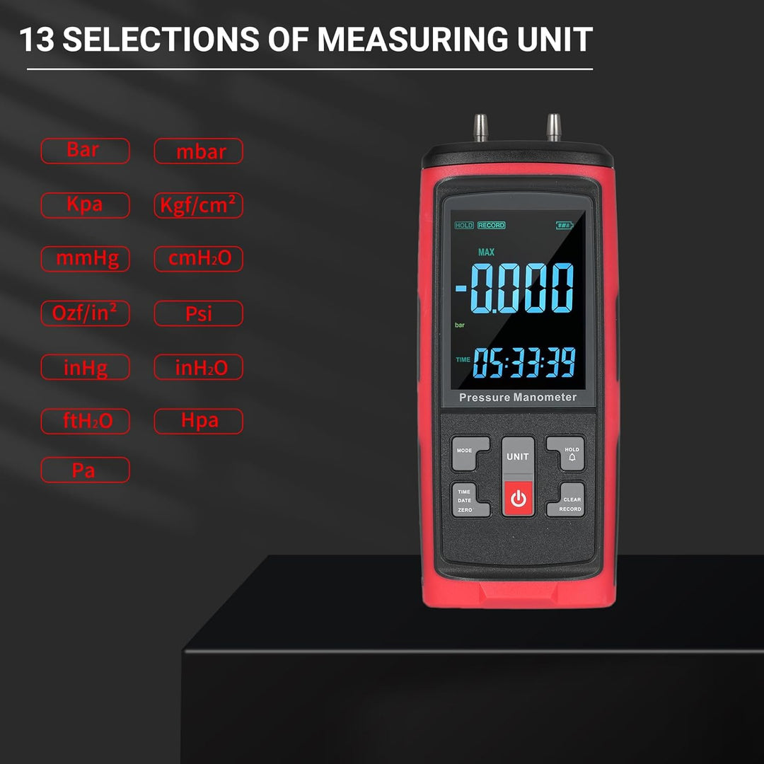 LABART Digital Manometer Dual-Port Manometer Gas Pressure Tester 13 Selectable Units GT5101