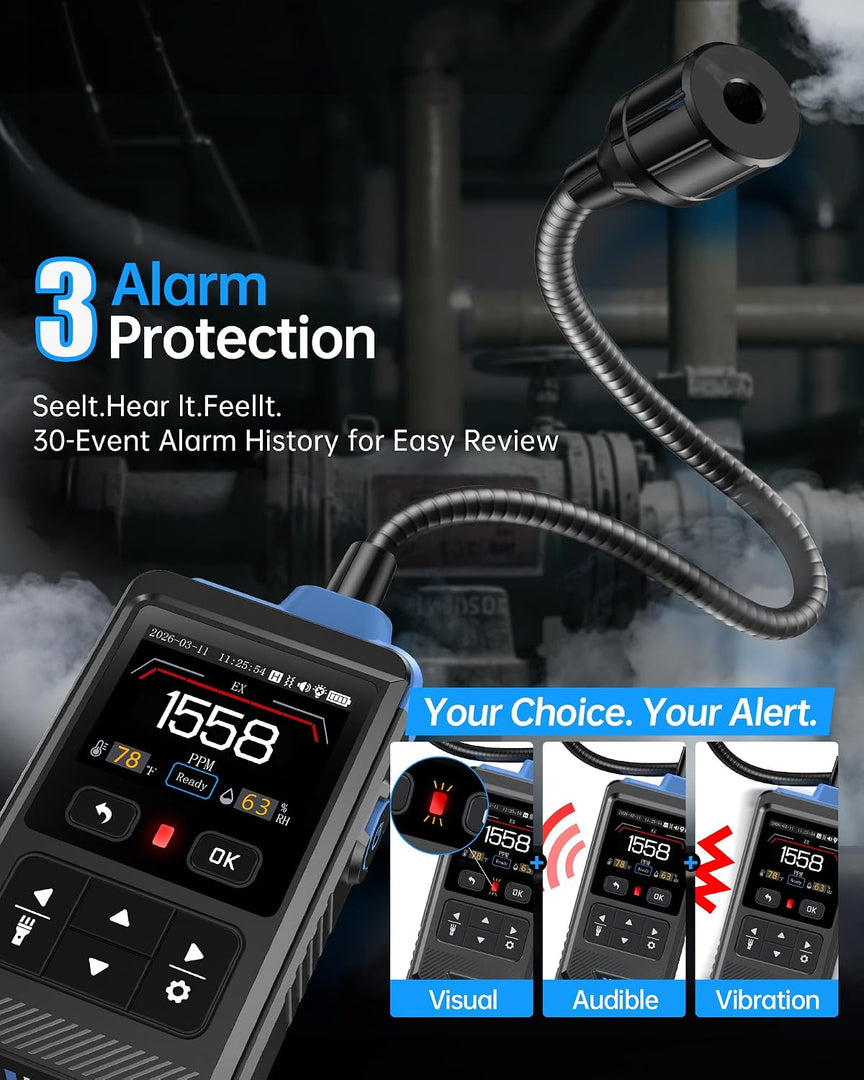 LABART GD-02 Gas Leak Detector for Natural Gas, Methane, Propane & Isobutane, 14” Flexible Gooseneck, Fast Response with Triple Alarm & IPS Display