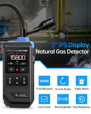 LABART GD-02 Gas Leak Detector for Natural Gas, Methane, Propane & Isobutane, 14” Flexible Gooseneck, Fast Response with Triple Alarm & IPS Display