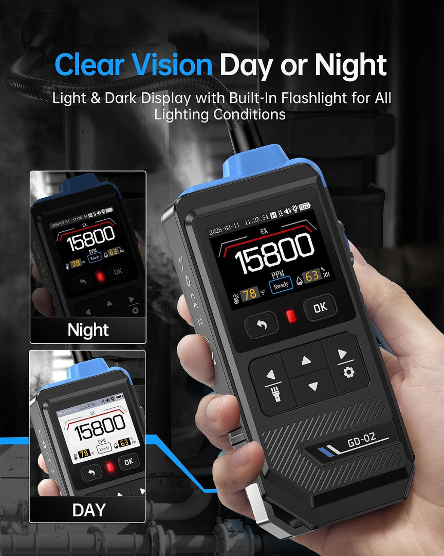 LABART GD-02 Gas Leak Detector for Natural Gas, Methane, Propane & Isobutane, 14” Flexible Gooseneck, Fast Response with Triple Alarm & IPS Display