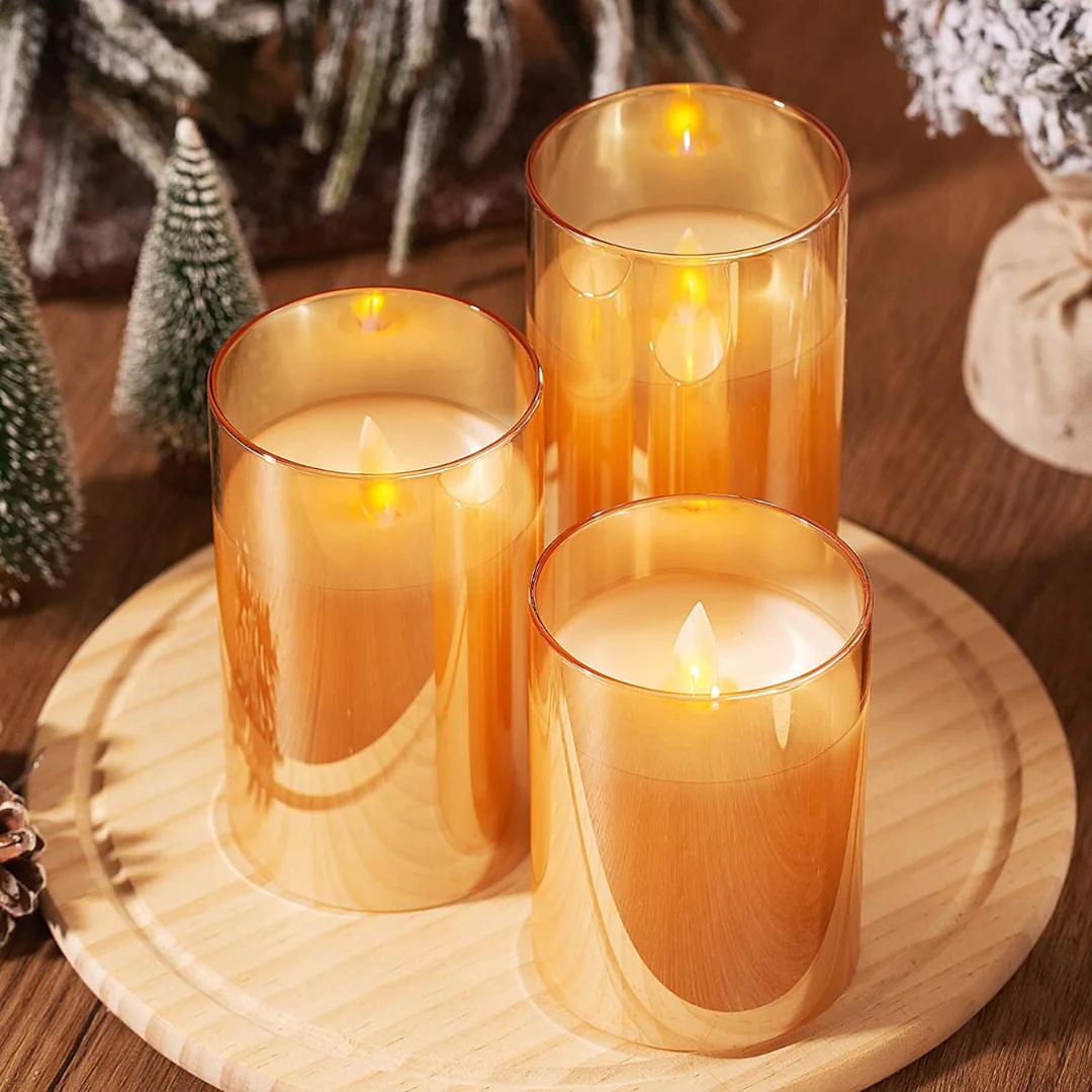 Glass Battery Operated Led Flameless Candles With Remote & Timer, Real Wax Candles Warm Color Flickering Light For Festival Wedding Home Party Décor (Pack of 3)