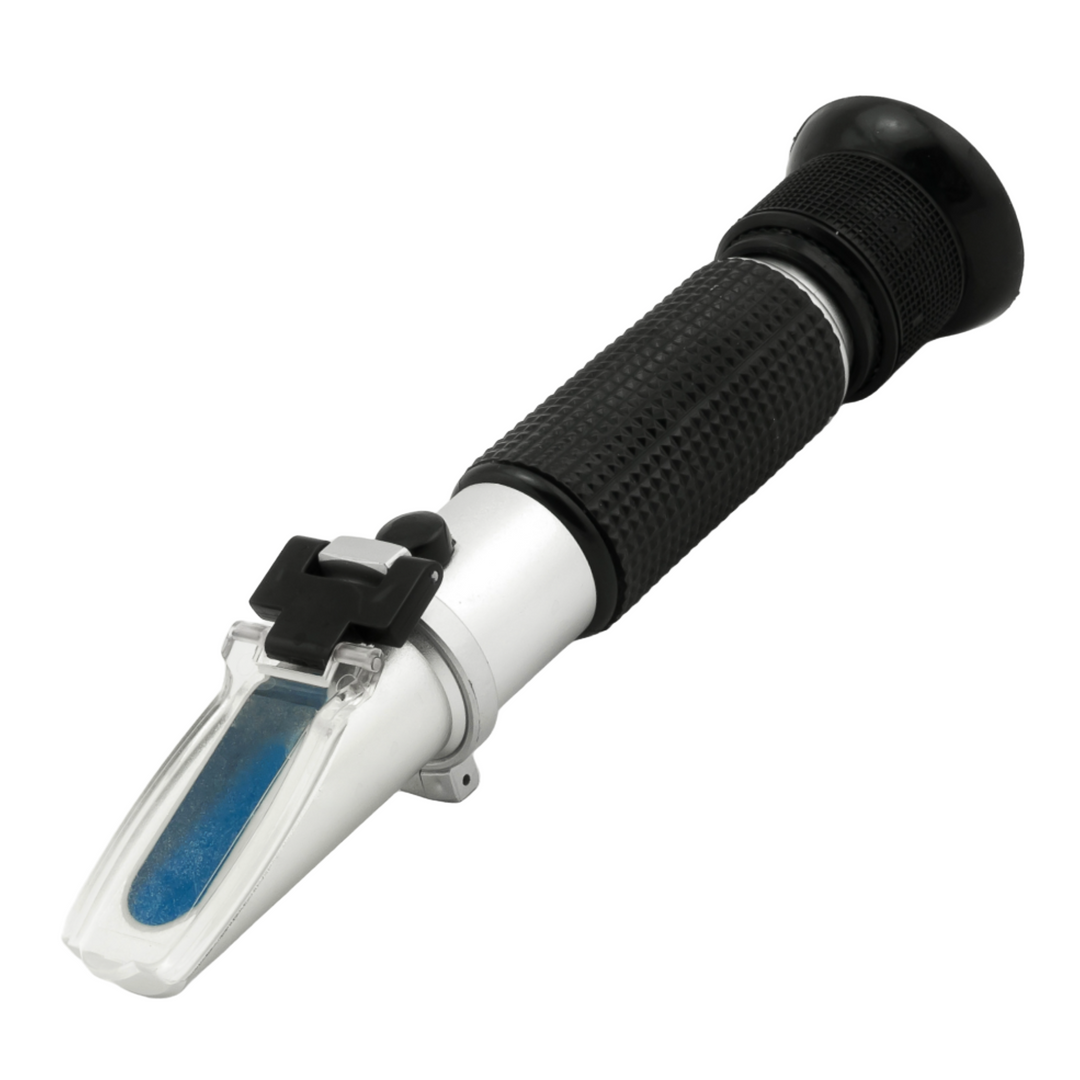 Automotive refractometer for ethylene/propylene glycol, antifreeze, and battery fluids with ATC