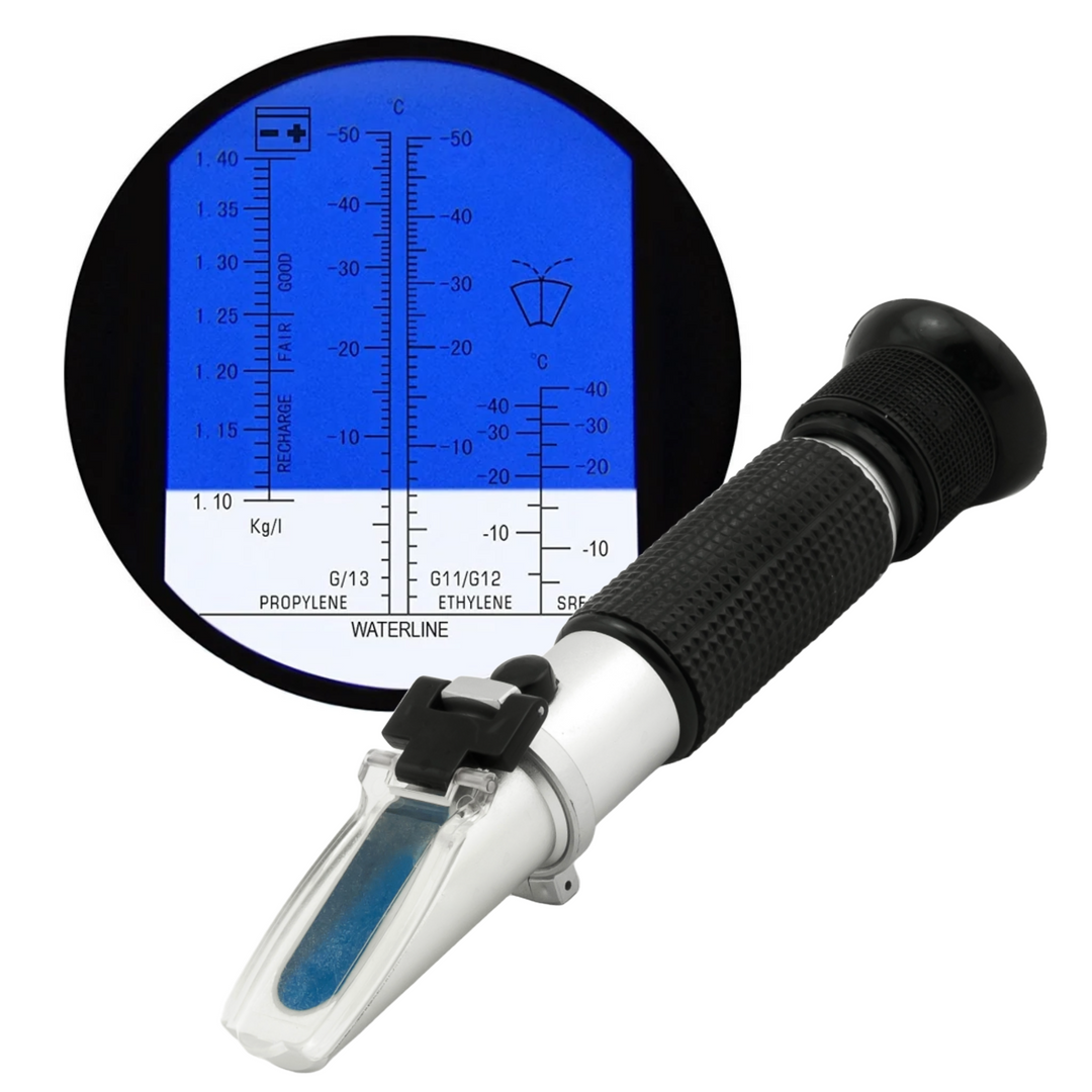 Automotive refractometer for ethylene/propylene glycol, antifreeze, and battery fluids with ATC